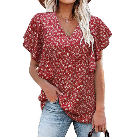 Floral V Neck Casual Short Sleeve Top