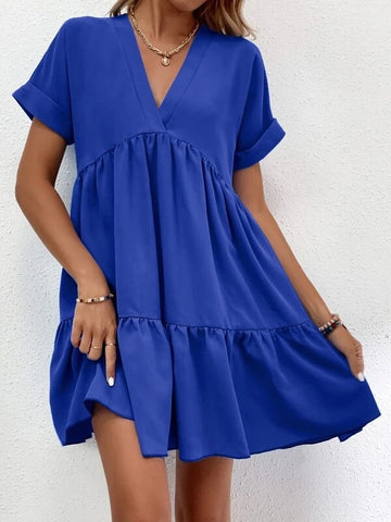 Short-sleeved V-neck Dress Summer Casual Sweet Ruffled Dress