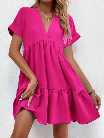 Short-sleeved V-neck Dress Summer Casual Sweet Ruffled Dress