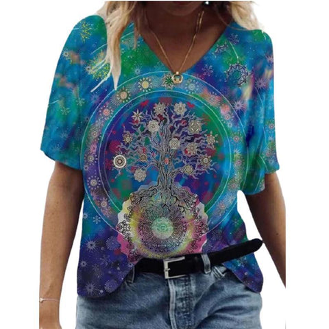 Multi Pattern V-neck Short Sleeve T-shirt For Women