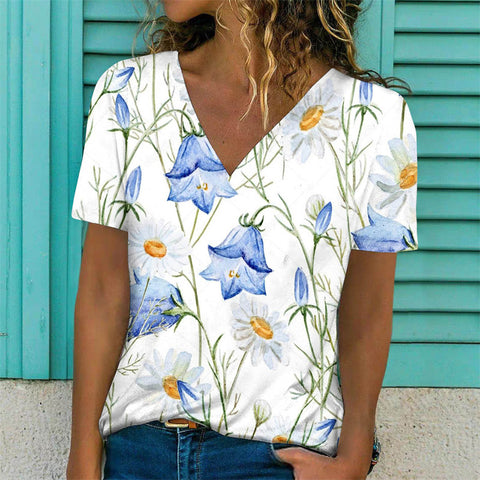 Floral Print Casual Short Sleeve V-Neck Pullover Top