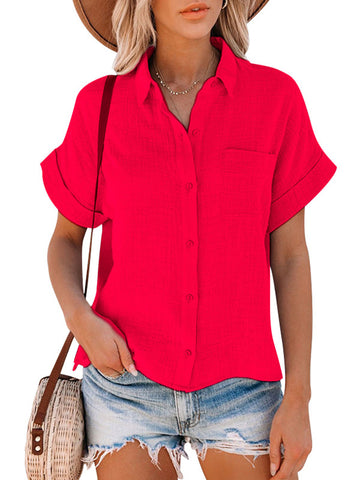 Solid Color  Cotton And Linen Short-Sleeved Ladies Lapel Button-down Shirt