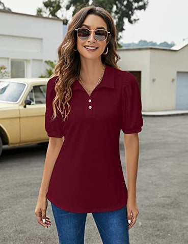 Polo Shirt Button Down Neck Puff Sleeve Loose Top