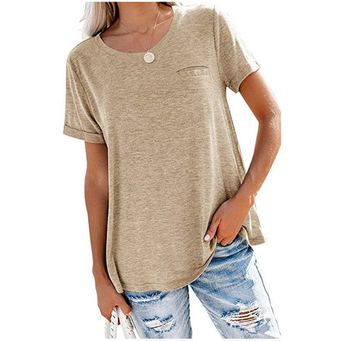 Multi Color Round Neck Front Pocket Short Sleeve Top