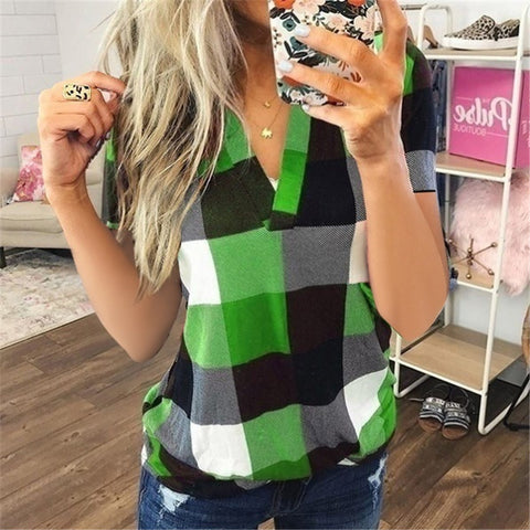 Plaid Printed V-Neck Short-Sleeved Top