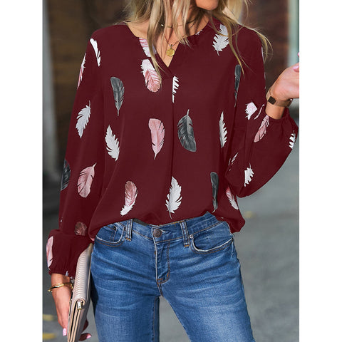 Women's Leaf Pattern Long-Sleeve Top