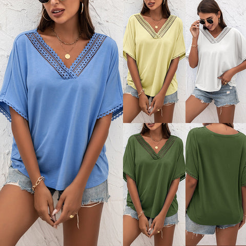 Hollow-out Splicing V Collar Loose Top