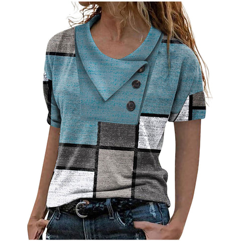 Color Block with Cross Collar Button Short Sleeve Top