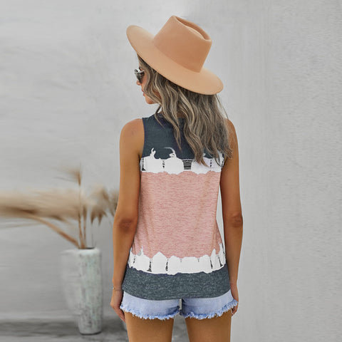 Contrasting Color Casual Loose Round Neck Tank