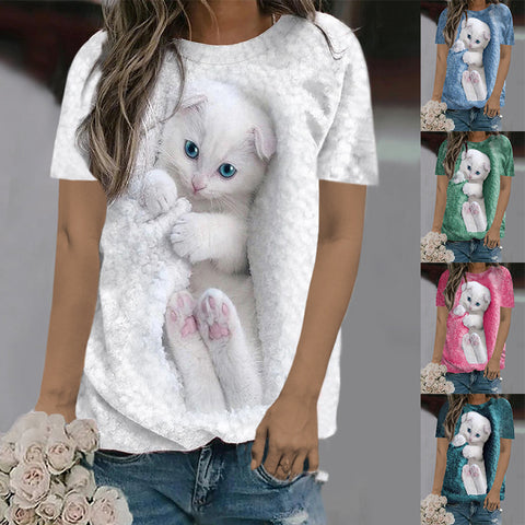 Kitten 3D Print Casual Loose Fit Short-Sleeve Top