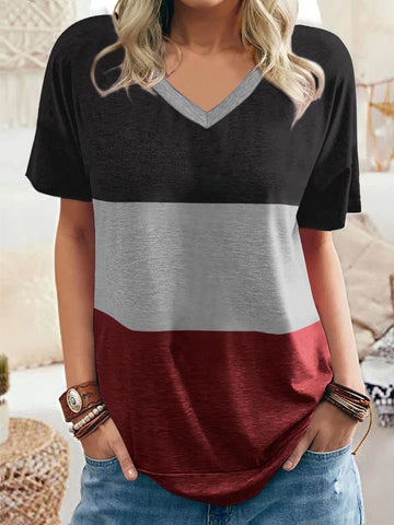 Women's Color Matching V-neck Casual Loose Short Sleeve