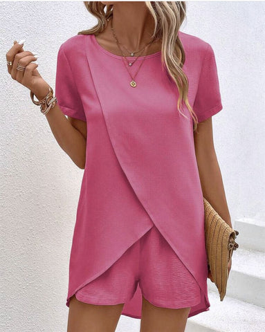 Solid Color Women's Top and Shorts Set