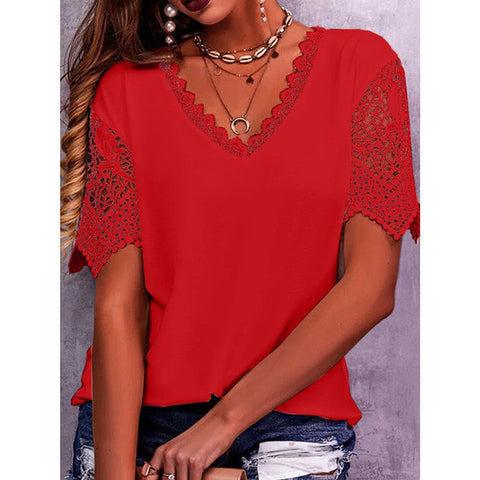 Lace Accent Women V-Neck Short Sleeve Top