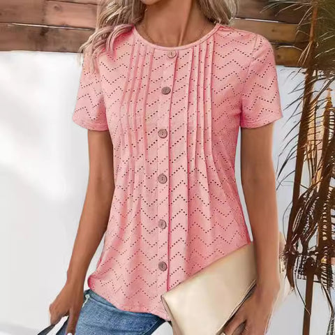 Women's Solid Color Hollowed-out Pleated Button Round Neck Top