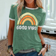 Fashion Rainbow Good Vibes Crew Neck Short Sleeve Top