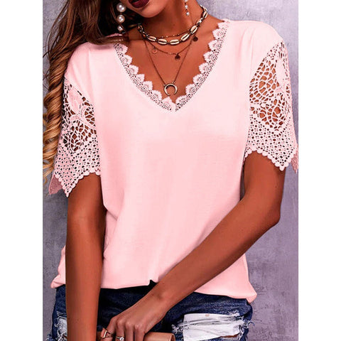 Lace Accent Women V-Neck Short Sleeve Top