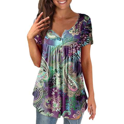 Printed Ruffled Tunic Pullover Short Sleeve