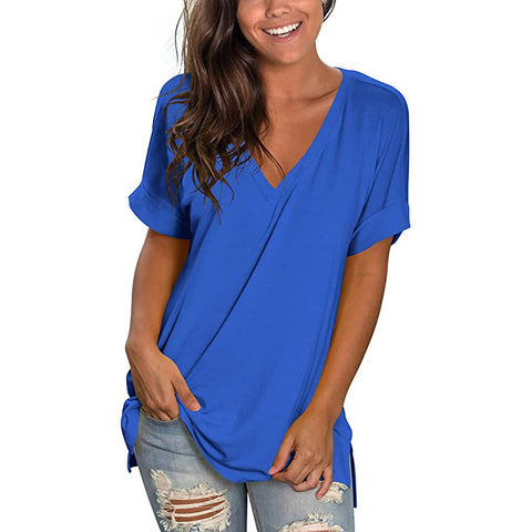 Women's Solid Color V Neck Short-Sleeved T-Shirt Top