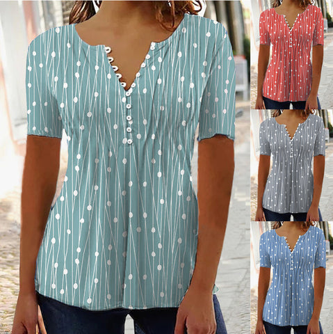 Women's V-collar Polka Dot Short-sleeved Shirt