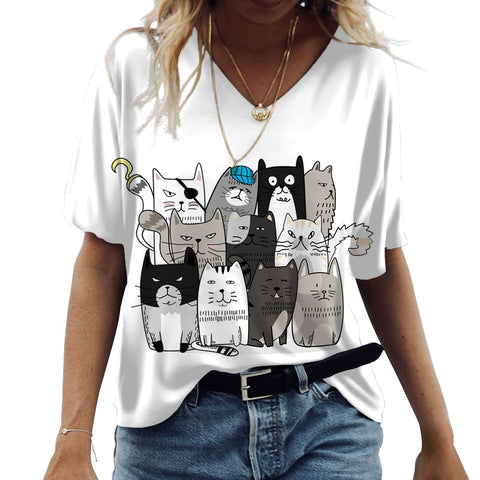 Assorted Cat Designs Casual Short Sleeve V-Neck Top