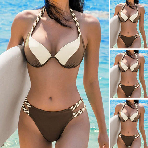 Women's Color Matching Triangle High Waist Bikini Swimsuit Two-piece