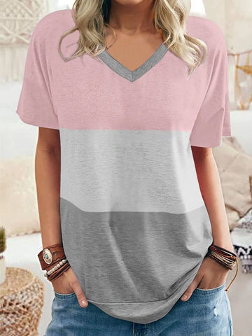 Women's Color Matching V-neck Casual Loose Short Sleeve