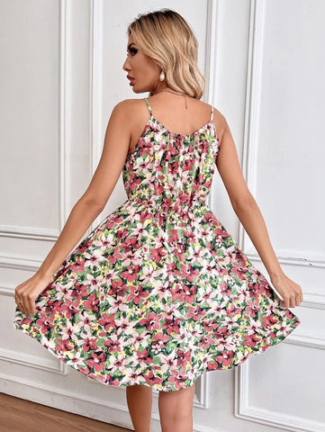 Floral Print Suspender Dress With Elastic Waist Summer Dress