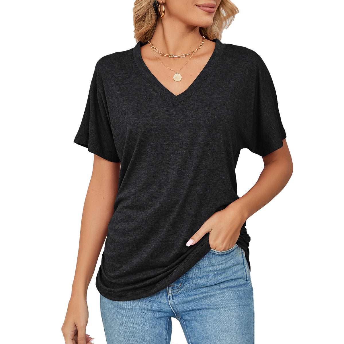 Leisure Pullover V-neck Solid Color Loose T-shirt