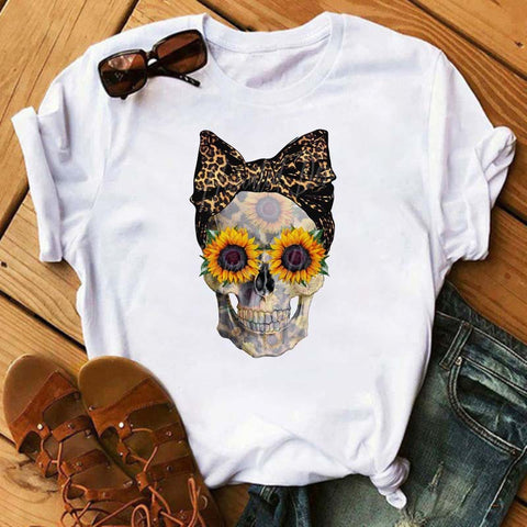 Women's Floral Skull Trendy T-Shirt