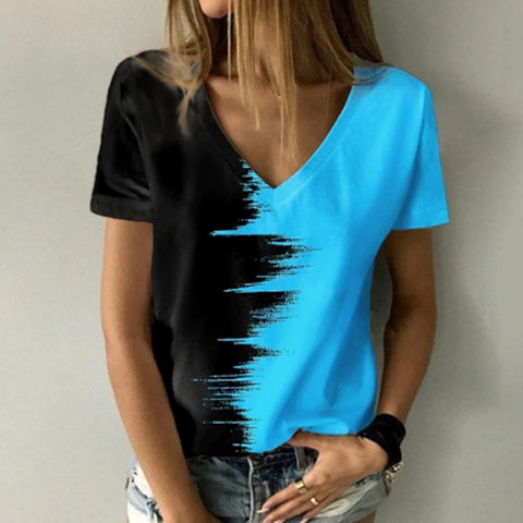 Two Color Print V-Neck Short Sleeve T-Shirt Top