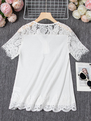 Plus Size Women's Knitted Lace Stitching Lace Short-sleeved Top