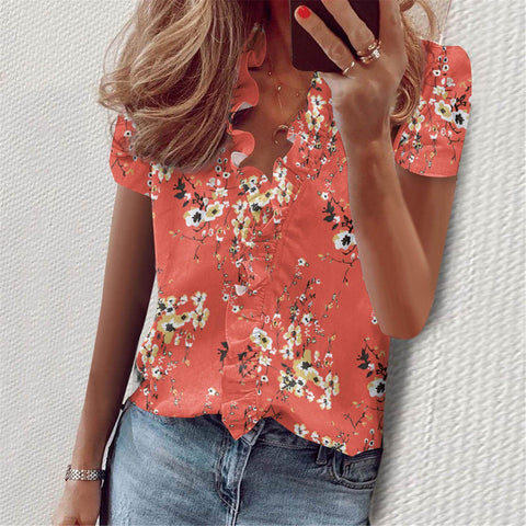 Summer Ruffles Short Sleeve Slim Flower Print