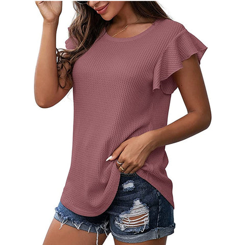 Waffle Solid Color Short Sleeve Round Neck Ruffle Sleeve Top