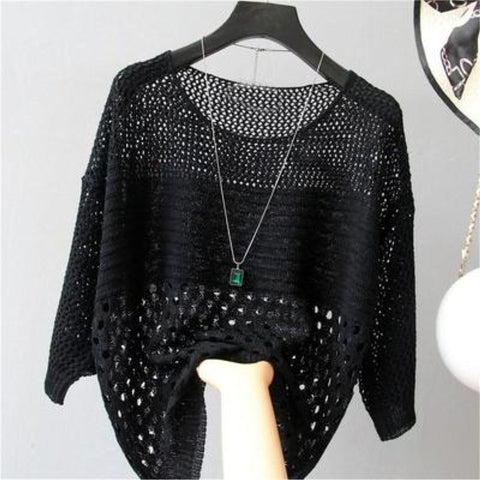 Women's Loose Scoop Neck Thin Hollow Knit Blouse