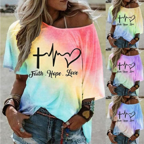 Faith Hope Love Tie Dye Gradient Loose T-Shirt Top