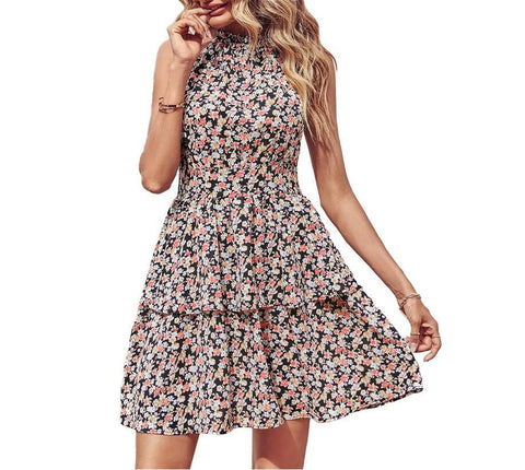 Summer Print Halter,Backless Ruffled A-Line Beach Dress