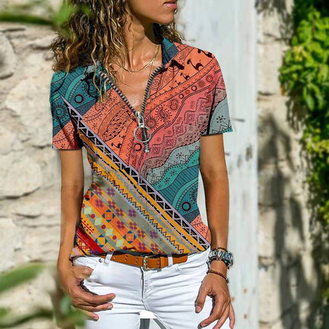 Bohemian Zippered Front Short Sleeve Top