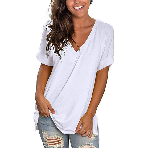 Women's Solid Color V Neck Short-Sleeved T-Shirt Top