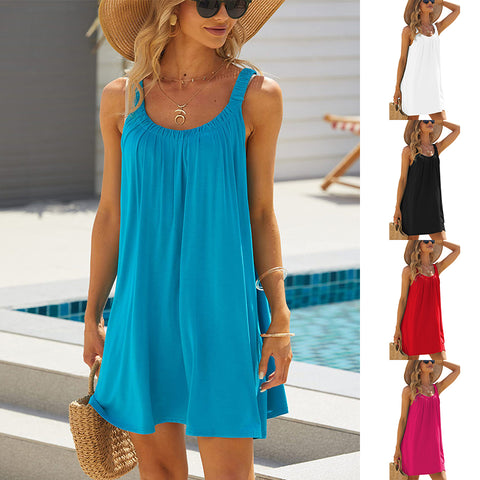 Solid Color Summer Round Neck Loose Beach Dress, Casual Vacation Suspender Dress