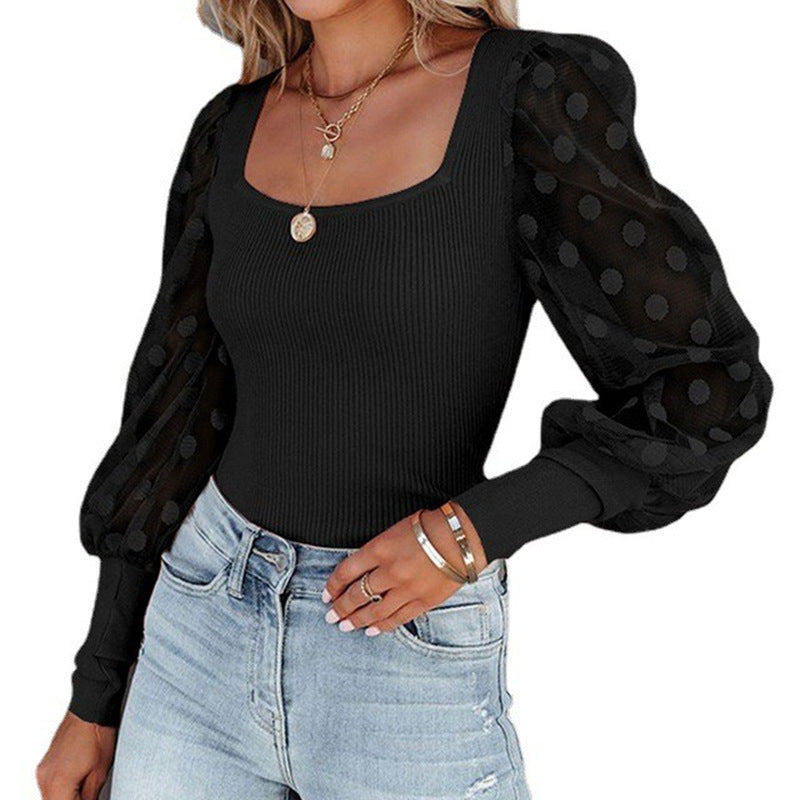 Square Neck Mesh Polka Dot Long Sleeve Top