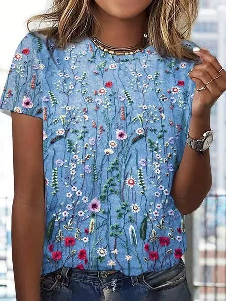 Loose Round Neck Short Sleeve Floral Printed Top