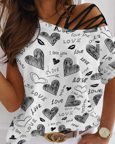 Love Print Off Shoulder Women's Short Sleeve Top