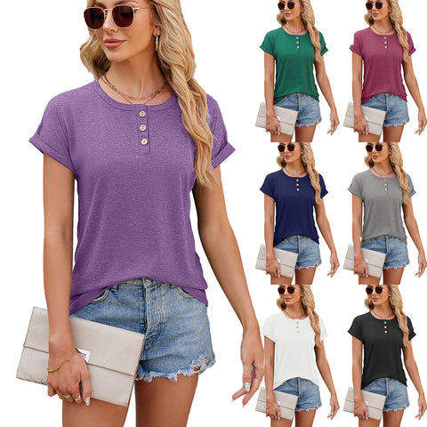 Women's Summer Solid Color Round Neck Button Loose Top