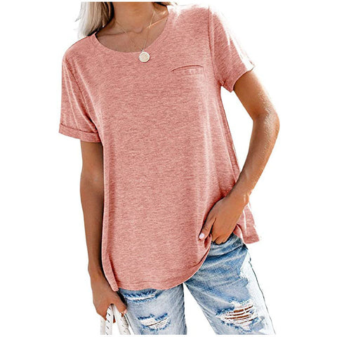 Multi Color Round Neck Front Pocket Short Sleeve Top