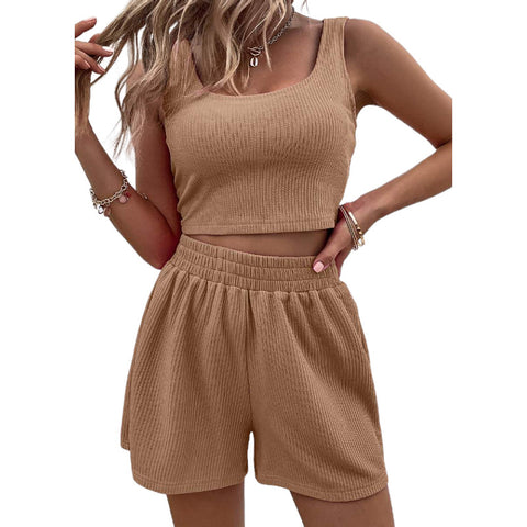 Knitted Square Neck Top with Elastic Shorts Solid Color 2Pcs Sets