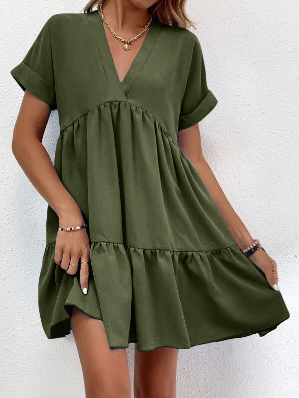 Short-sleeved V-neck Dress Summer Casual Sweet Ruffled Dress