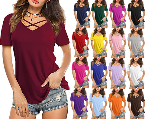 Front Cross V-Neck Short Sleeve Women's Top