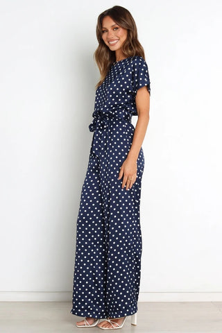 Round Neck Short Sleeve Polka Dot Printed Lace Up Waist-tight Jumpsuit