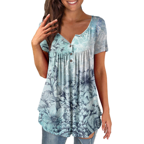 Printed Ruffled Tunic Pullover Short Sleeve