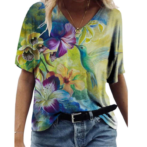 Butterfly Print Short Sleeve V-neck Ladies Top